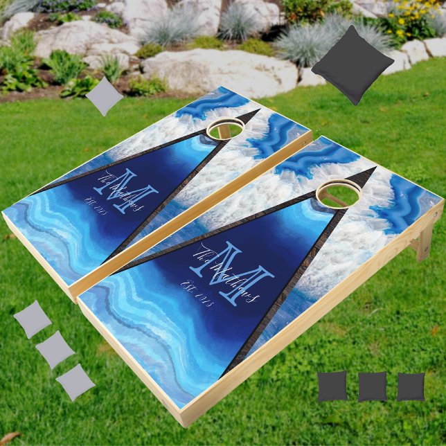 Elegant Blue Marble Geode Family Monogram Cornhole Set (Creator Uploaded)