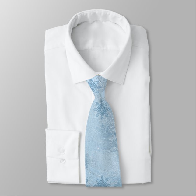 Elegant blue marble glitter snowflake pattern neck tie (Tied)