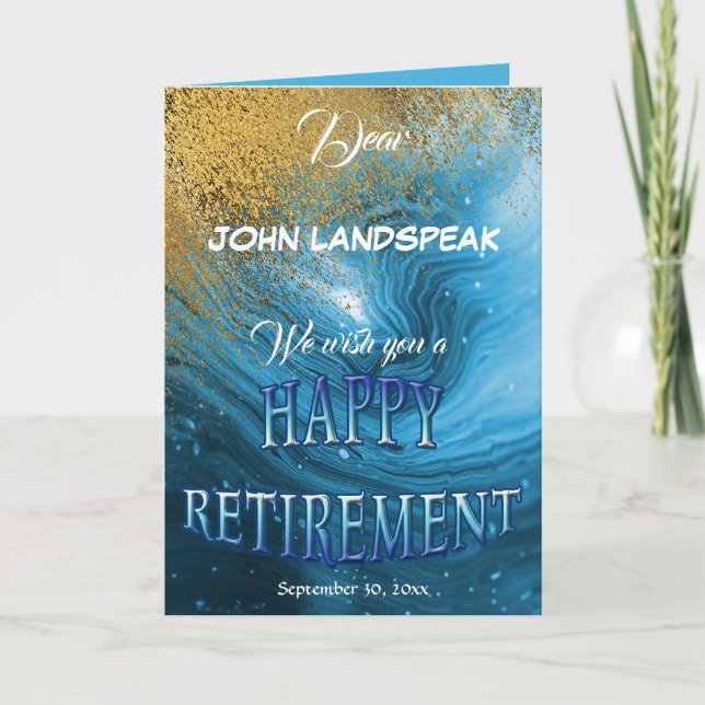 Elegant Blue Marble &Gold Glitter Happy Retirement Card (Front)