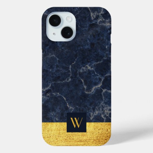 Elegant Blue Marble Gold Monogram iPhone 15 Case
