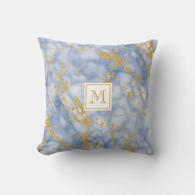 Elegant Blue Marble Monogram Faux Gold Glitter Throw Pillow (Front)