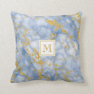 Elegant Blue Marble Monogram Faux Gold Glitter Throw Pillow