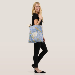 Elegant Blue Marble Monogram Faux Gold Glitter Tote Bag