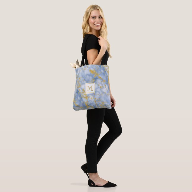 Elegant Blue Marble Monogram Faux Gold Glitter Tote Bag (On Model)