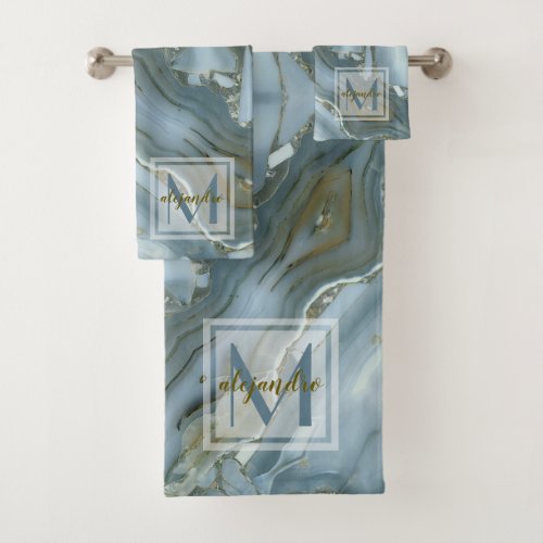 Elegant Blue Marble Natural Stone Pattern Monogram Bath Towel Set