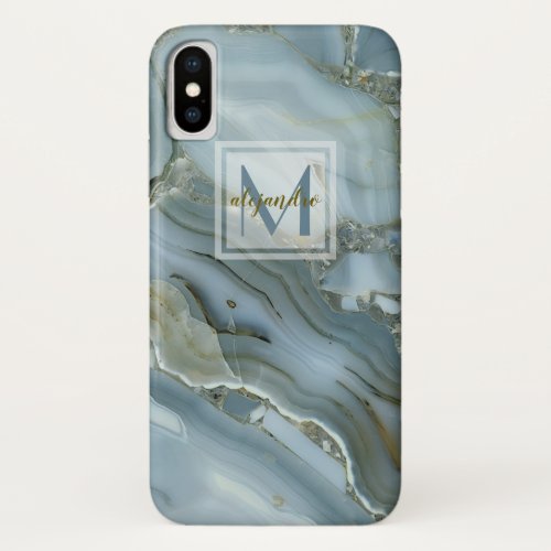 Elegant Blue Marble Natural Stone Pattern Monogram iPhone X Case
