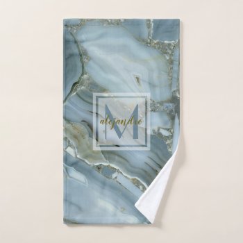 Elegant Blue Marble Natural Stone Pattern Monogram Hand Towel by BCMonogramMe at Zazzle