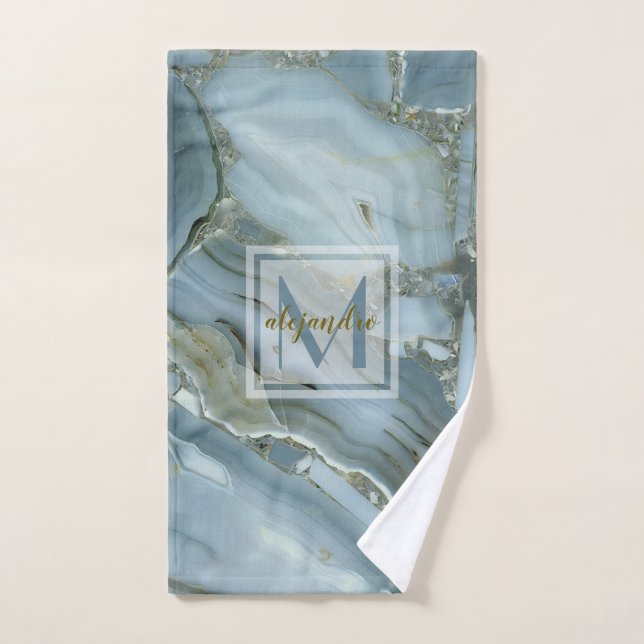 Elegant Blue Marble Natural Stone Pattern Monogram Hand Towel (Hand Towel)