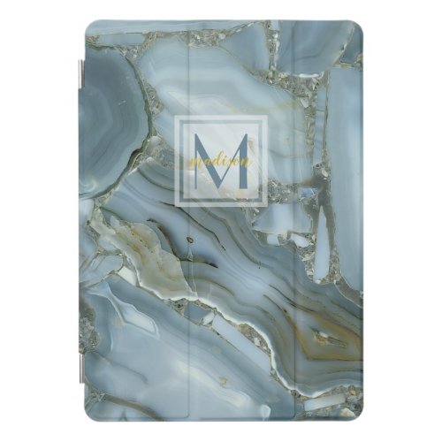 Elegant Blue Marble Natural Stone Pattern Monogram iPad Pro Cover