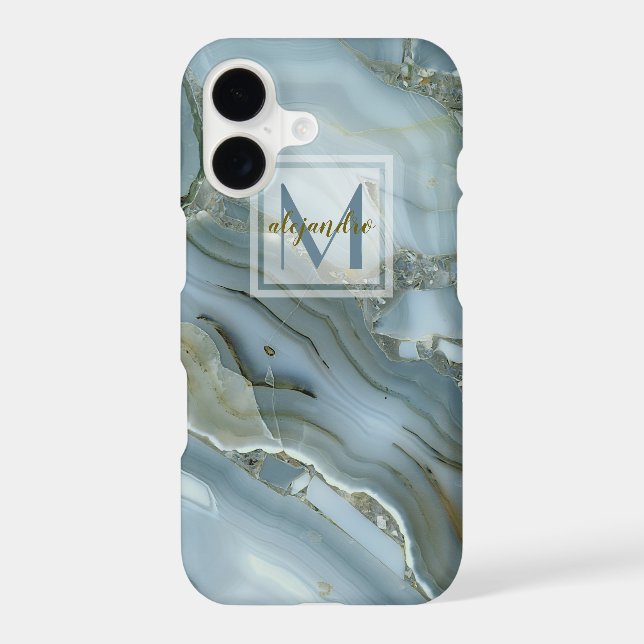 Elegant Blue Marble Natural Stone Pattern Monogram Iphone Case (Back)