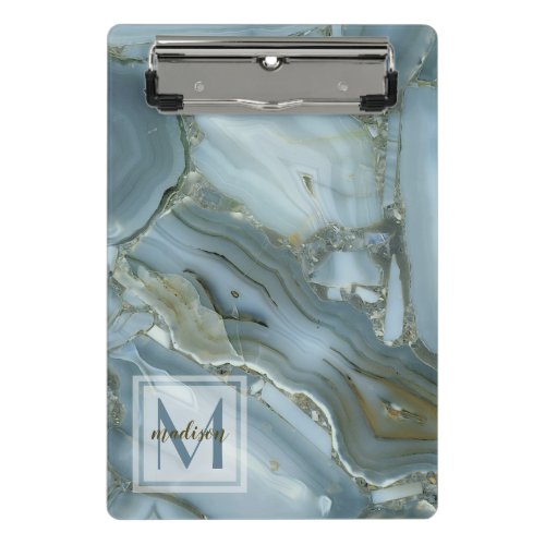 Elegant Blue Marble Natural Stone Pattern Monogram Mini Clipboard
