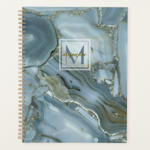 Elegant Blue Marble Natural Stone Pattern Monogram Planner