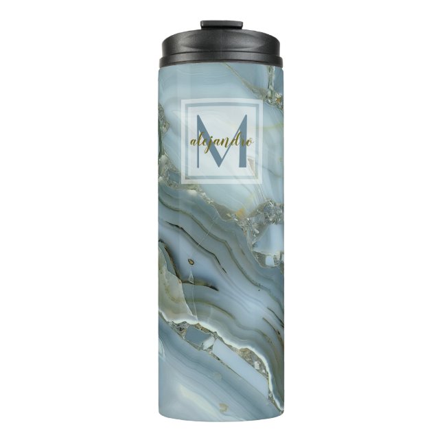 Elegant Blue Marble Natural Stone Pattern Monogram Thermal Tumbler (Front)