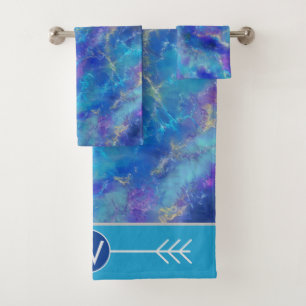 Elegant Blue Marble Pattern With Monogram  Bath Towel Set