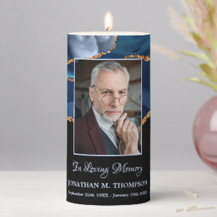 Elegant Blue Marble Personalized Photo Memorial Pillar Candle