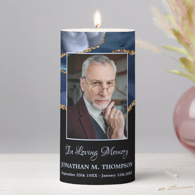 Elegant Blue Marble Personalized Photo Memorial Pillar Candle (In Situ)