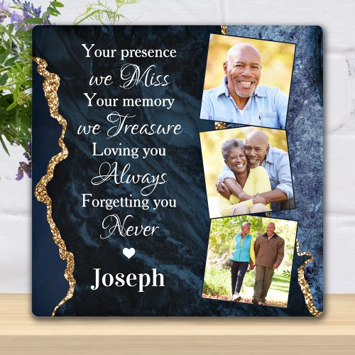 Elegant Blue Marble Remembrance 3 Photo Memorial Plaque