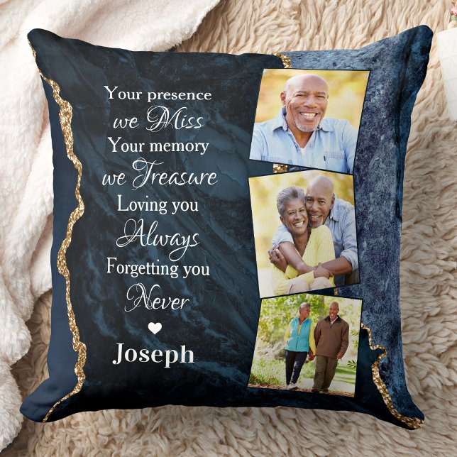 Elegant Blue Marble Remembrance 3 Photo Memorial Throw Pillow (Creator Uploaded)