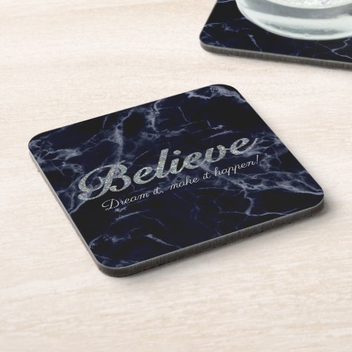 Elegant Blue Marble Silver Glitter Believe Beverage Coaster