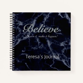 Elegant Blue Marble Silver Glitter Believe Journal