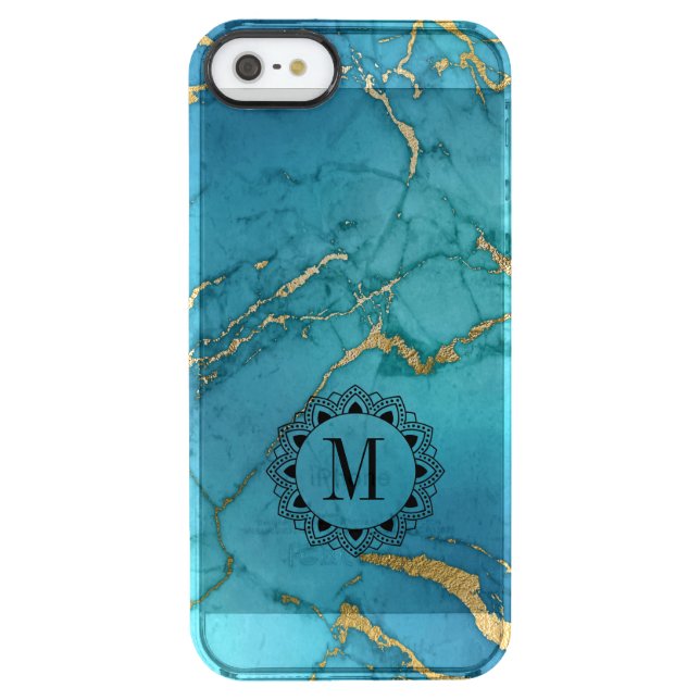 Elegant Blue  Marble Stone Monogram Uncommon iPhone Case (Back)