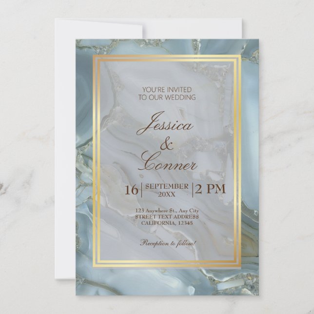 Elegant Blue Marble wedding gold Minimalist Invitation (Front)