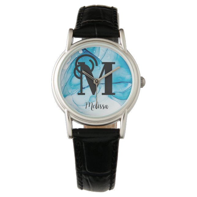 Elegant Blue Marbled Monogram Name  Watch (Front)