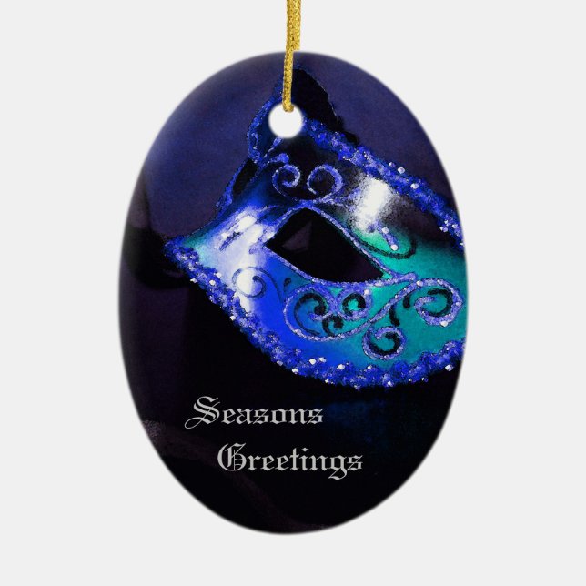 Elegant Blue Masquerade Mask Holiday Ornament (Front)