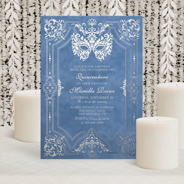 Elegant Blue Masquerade Mask Quinceanera Foil Invitation (Creator Uploaded)