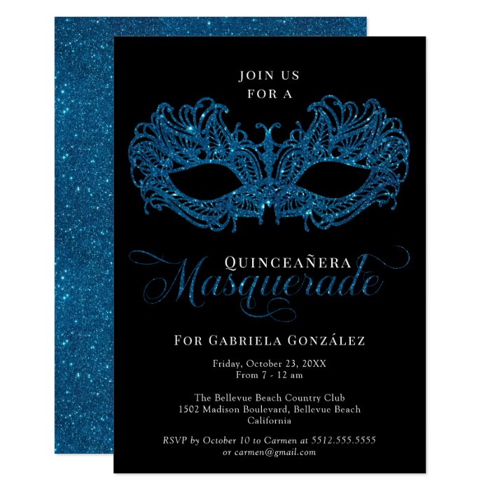 Elegant Blue Masquerade Mask Quinceanera Invitation