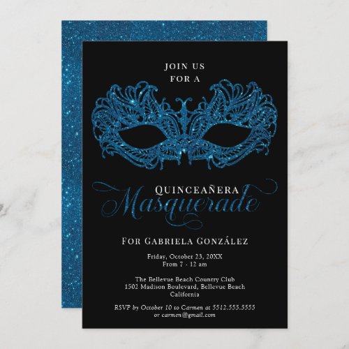 Elegant Blue Masquerade Mask Quinceanera Invitation