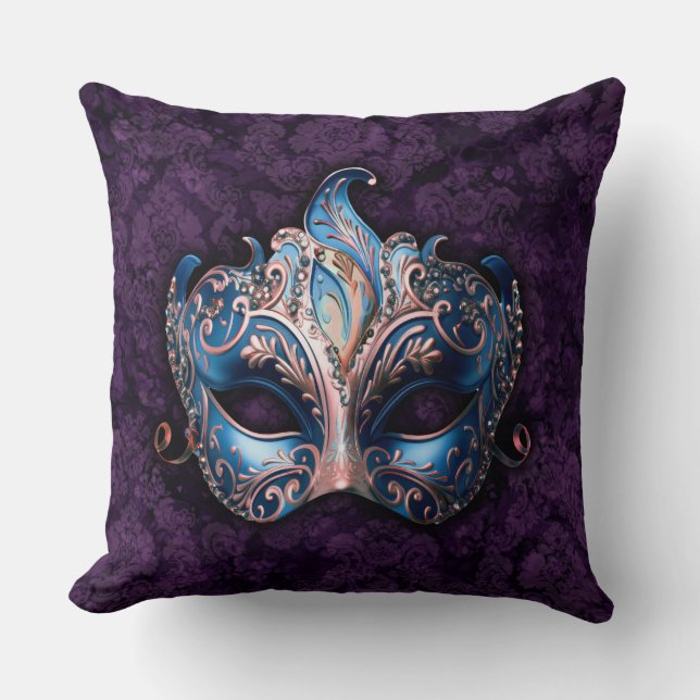 Elegant Blue Masquerade Mask Throw Pillow (Front)