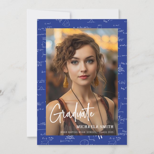 Elegant Blue Math Script Photo Graduation  Announcement (Front)