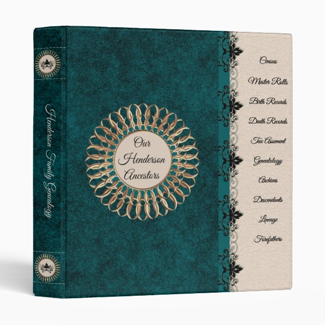 Elegant Blue Medallion Genealogy 3 Ring Binder (Front/Spine)
