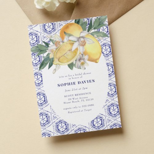 Elegant Blue Mediterranean Lemon Bridal Shower Invitation