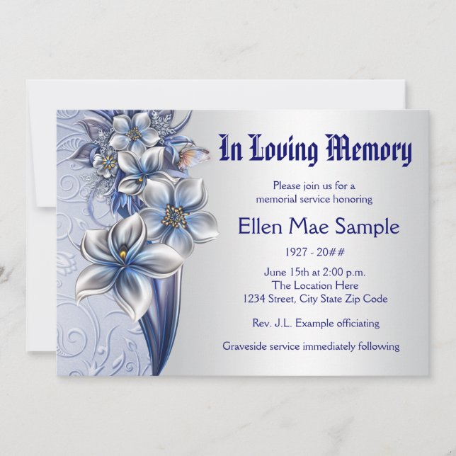 Elegant Blue Memorial Service Announcements (Front)