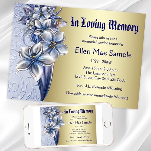 Elegant Blue Memorial Service Announcements