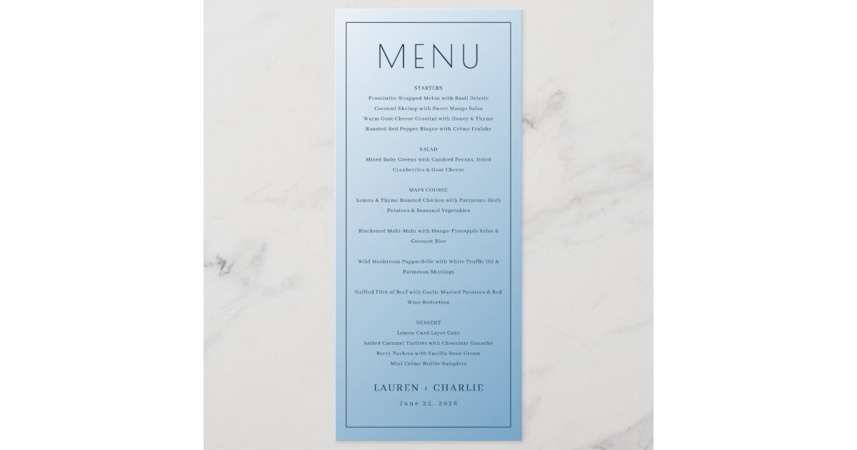 Menu In Blue Elegant Blue Menu Template | Zazzle