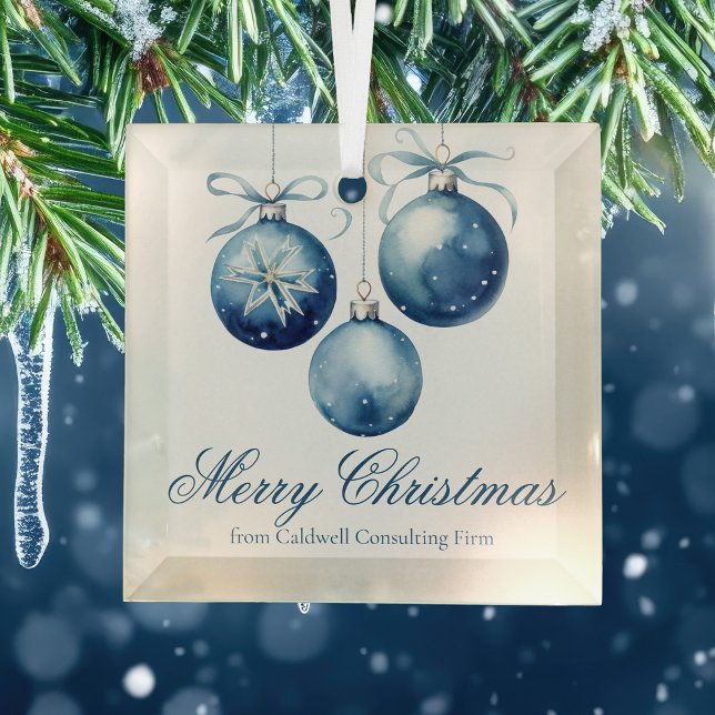 Elegant Blue Merry Christmas Custom Company Glass Ornament (Creator Uploaded)