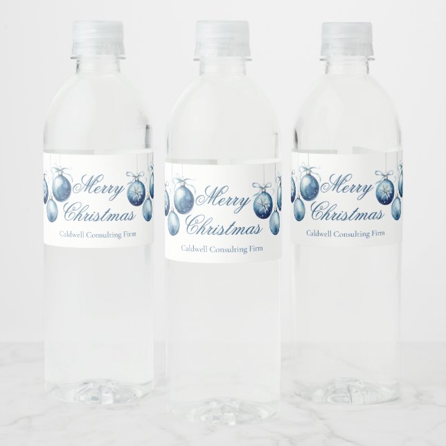 Elegant Blue Merry Christmas Custom Company Water Bottle Label (Bottles)