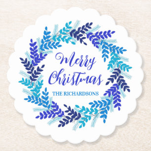 Elegant Blue Merry Christmas Holiday Wreath Name Paper Coaster