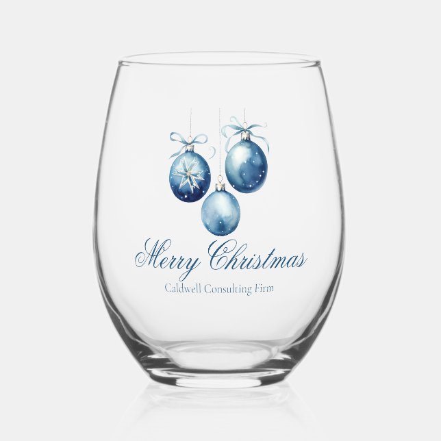 Elegant Blue Merry Christmas Personalized Stemless Wine Glass (Front)