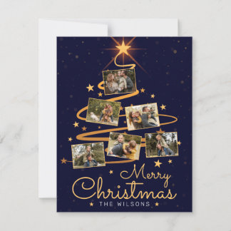 Elegant Blue Merry Christmas Tree 7 Family Photo Holiday Card