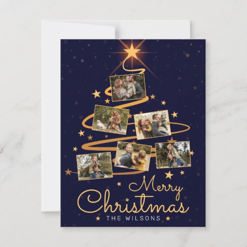 Elegant Blue Merry Christmas Tree 7 Family Photo Holiday Card