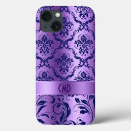 Elegant Blue &amp; Metallic Lavender Damasks &amp; Lace iPhone 13 Case