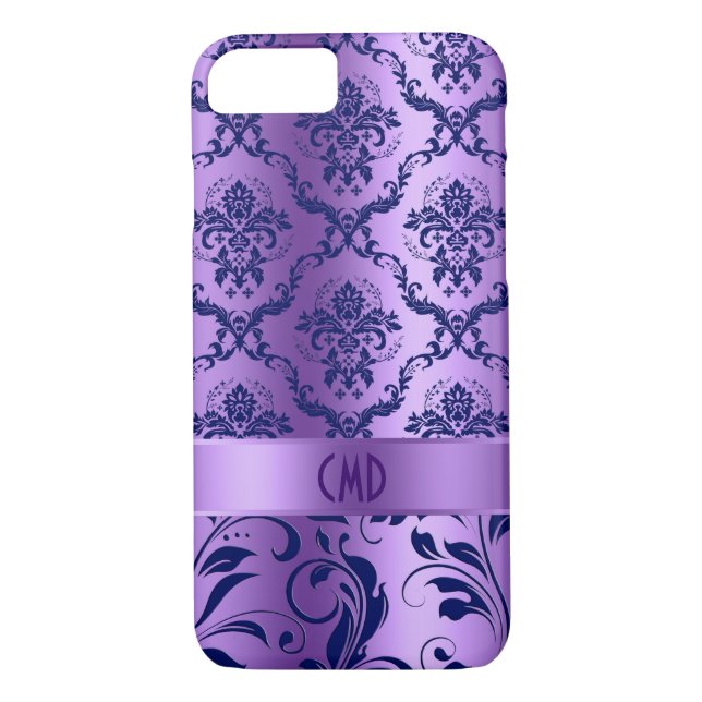 Elegant Blue & Metallic Lavender Damasks & Lace Case-Mate iPhone Case (Back)