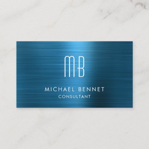 Elegant Blue Metallic Monogram Consultant Business Card
