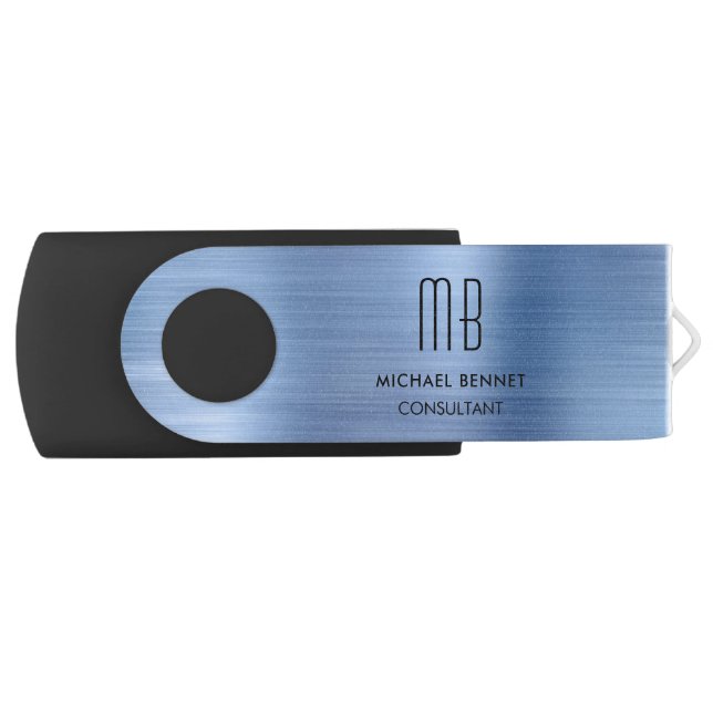 Elegant Blue Metallic Monogram Consultant Flash Drive (Front)