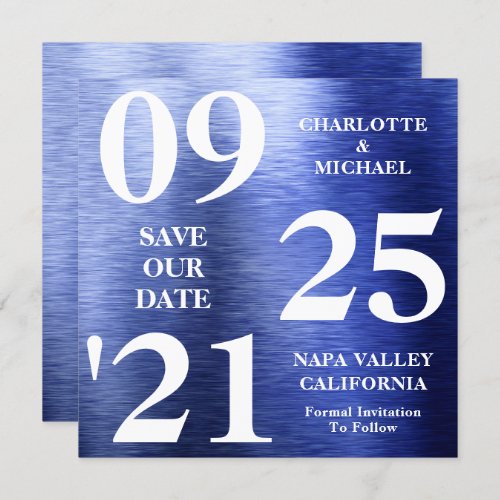 Elegant Blue Metallic Shimmer Modern Save The Date Invitation
