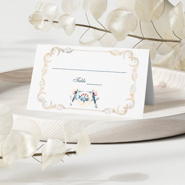 Elegant Blue Mexican Baroque Hummingbird Wedding Place Card (Elegant gold baroque frame with colorful Mexican floral art for a timeless wedding table.)